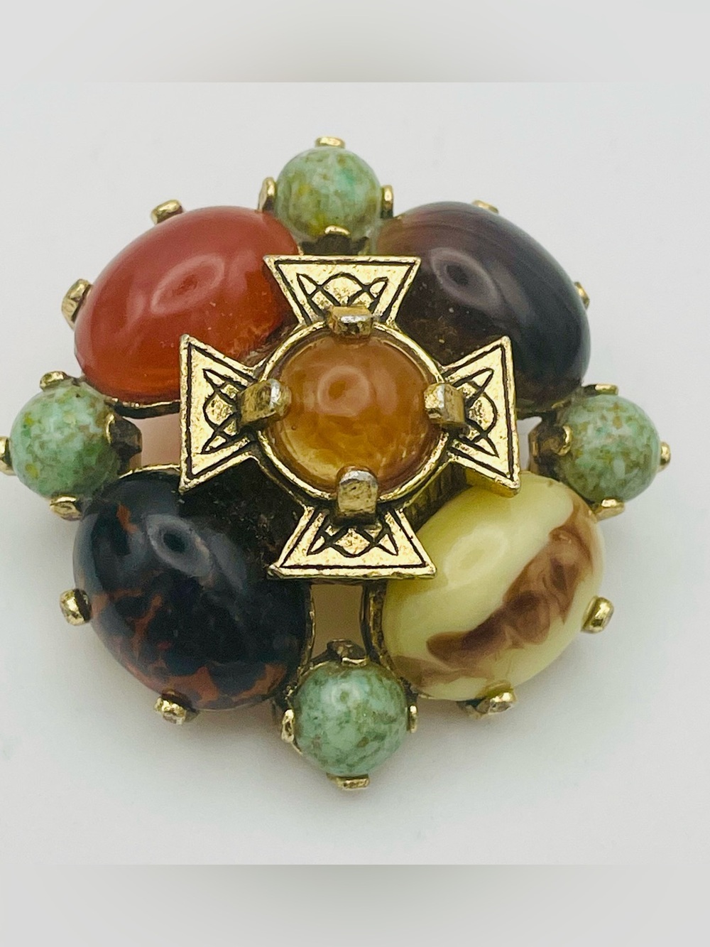 Miracle Vintage Scottish Celtic Cross w/ Agate & Jasper Cabochons. Gold tone